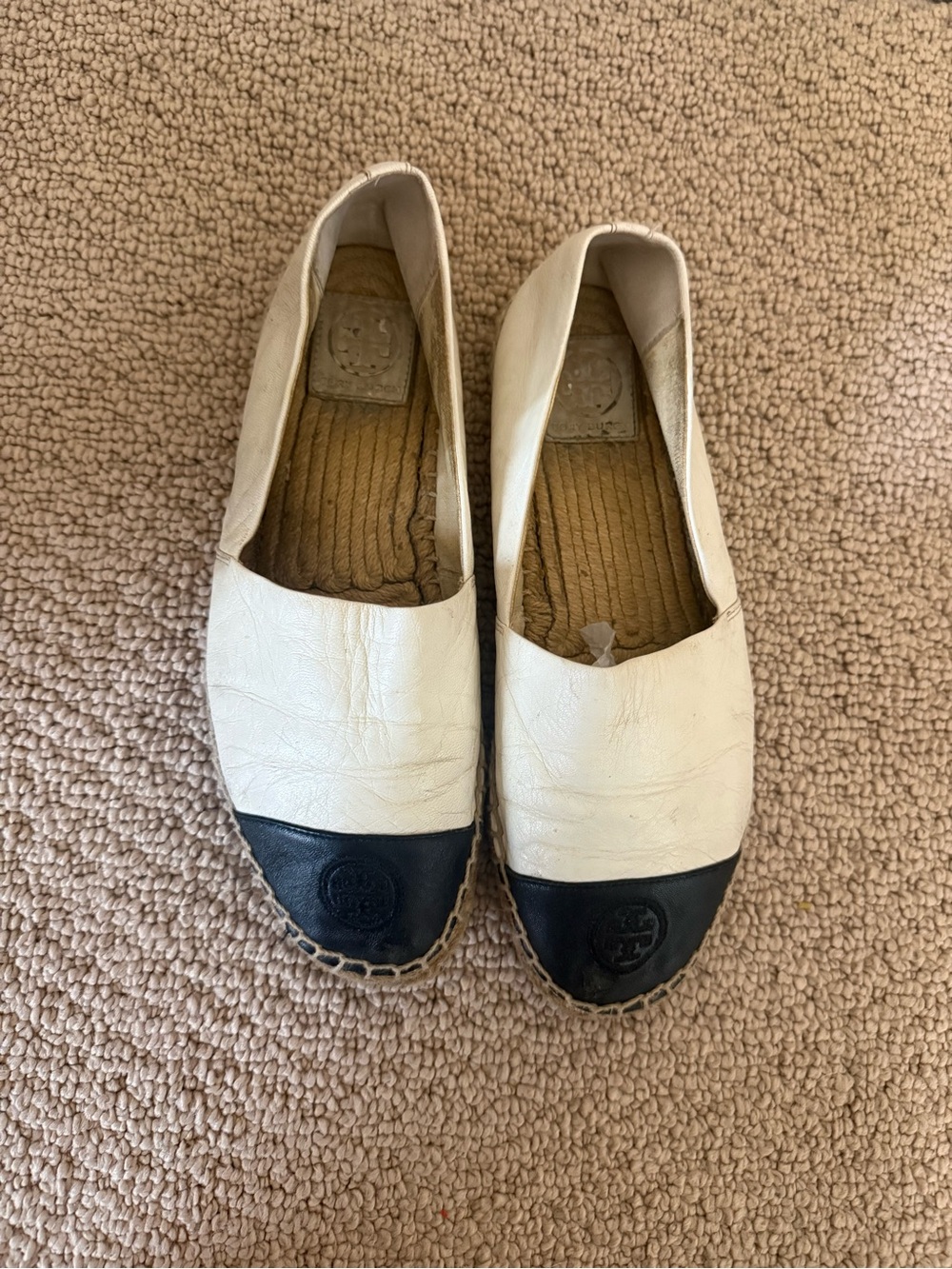 Tory Burch Two-Tone White Leather Espadrille Flats with Black Cap Toes